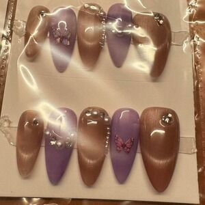 💜 Nude & Lavender‎ Press-On Nails with Rhinestones & Butterfly Accent